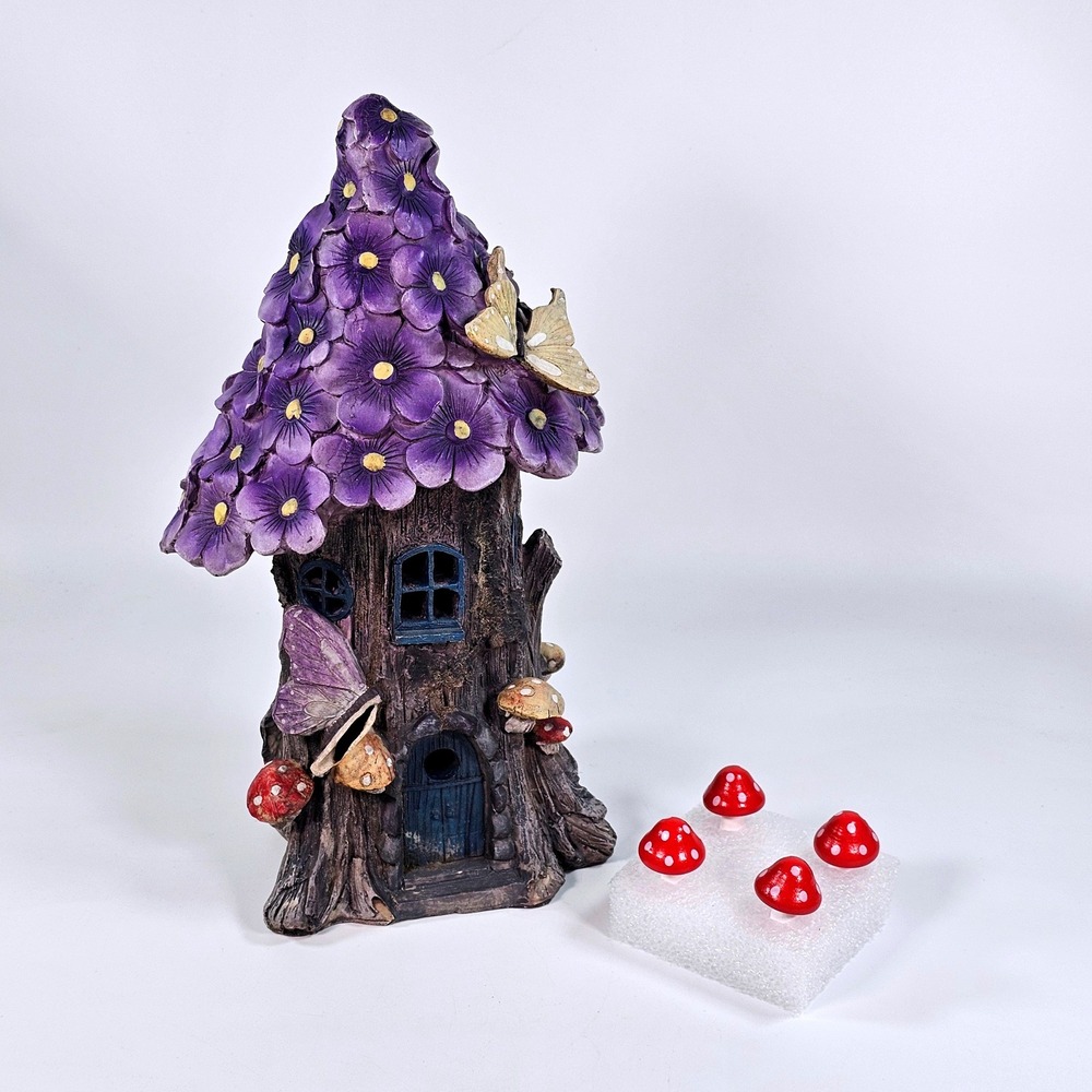 Solar Fairy Garden House Purple Flower Roof Butterfly Tree Trunk with Mushrooms